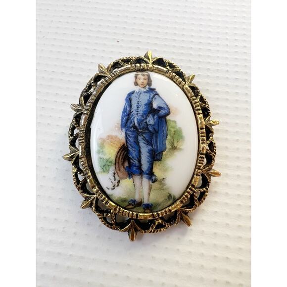 Unbranded Jewelry - Vintage Blue Boy Brooch Porcelain Cameo Styled Regency Gold Tone Framed
